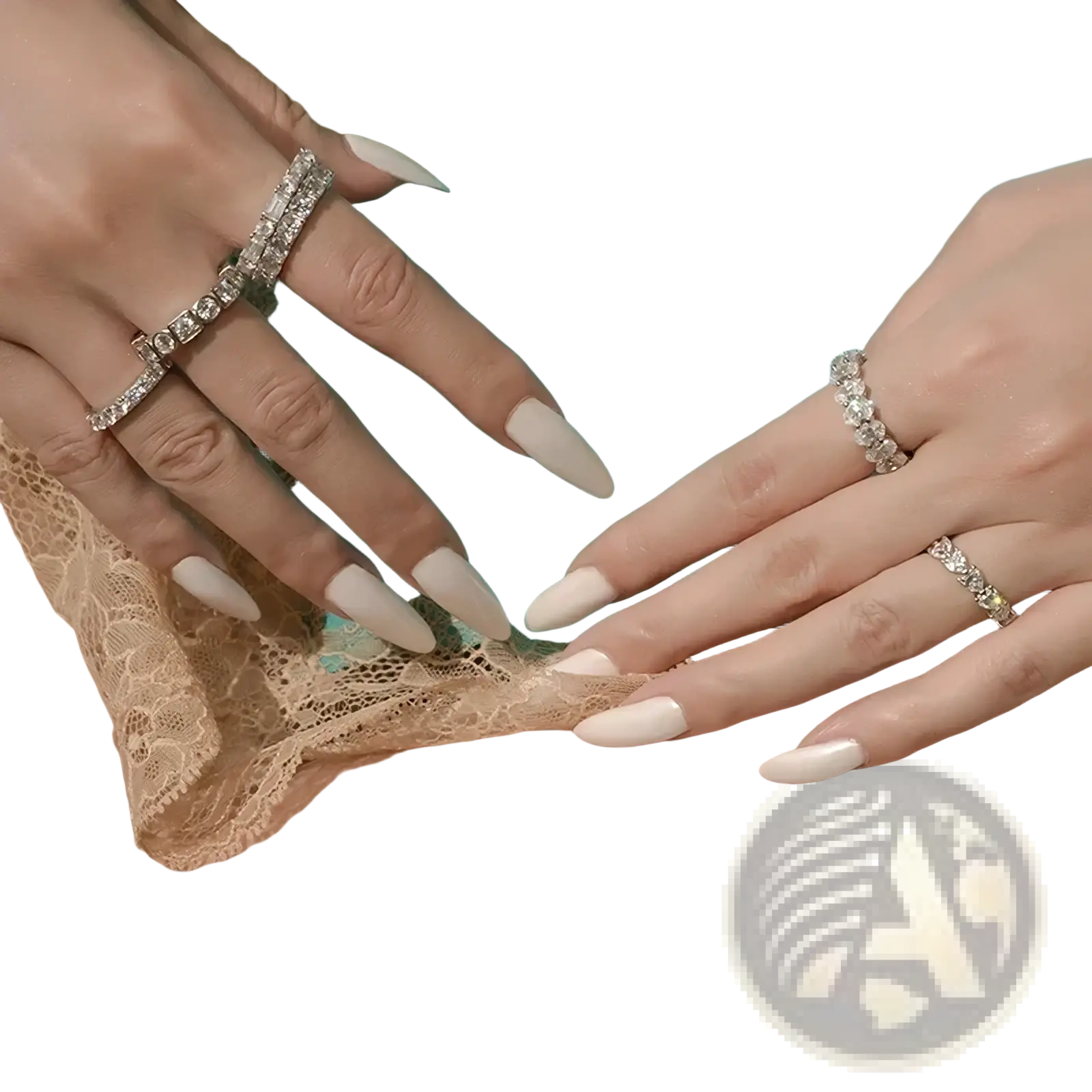 A pair of hands wearing multiple sparkling sterling silver heart eternity rings with intricate band designs