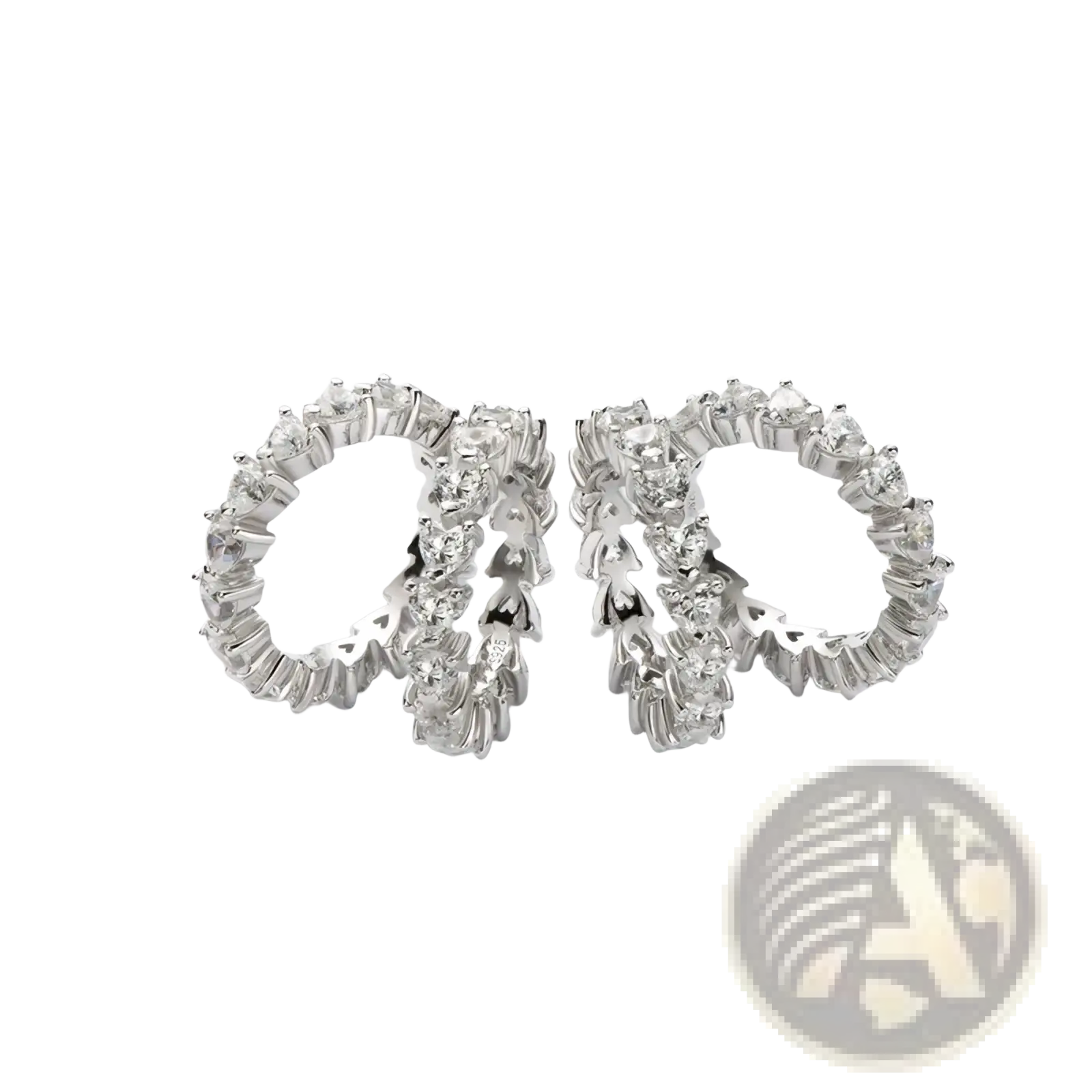 A pair of sterling silver heart eternity rings with continuous clear cubic zirconia stones in textured design