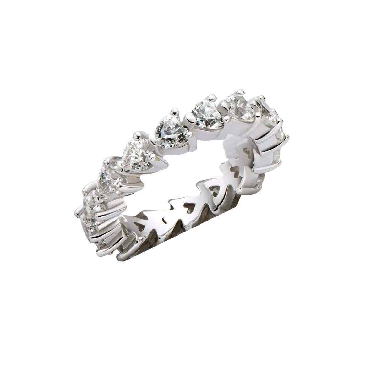Sterling silver heart eternity ring featuring a sleek silver band adorned with sparkling heart-shaped diamonds