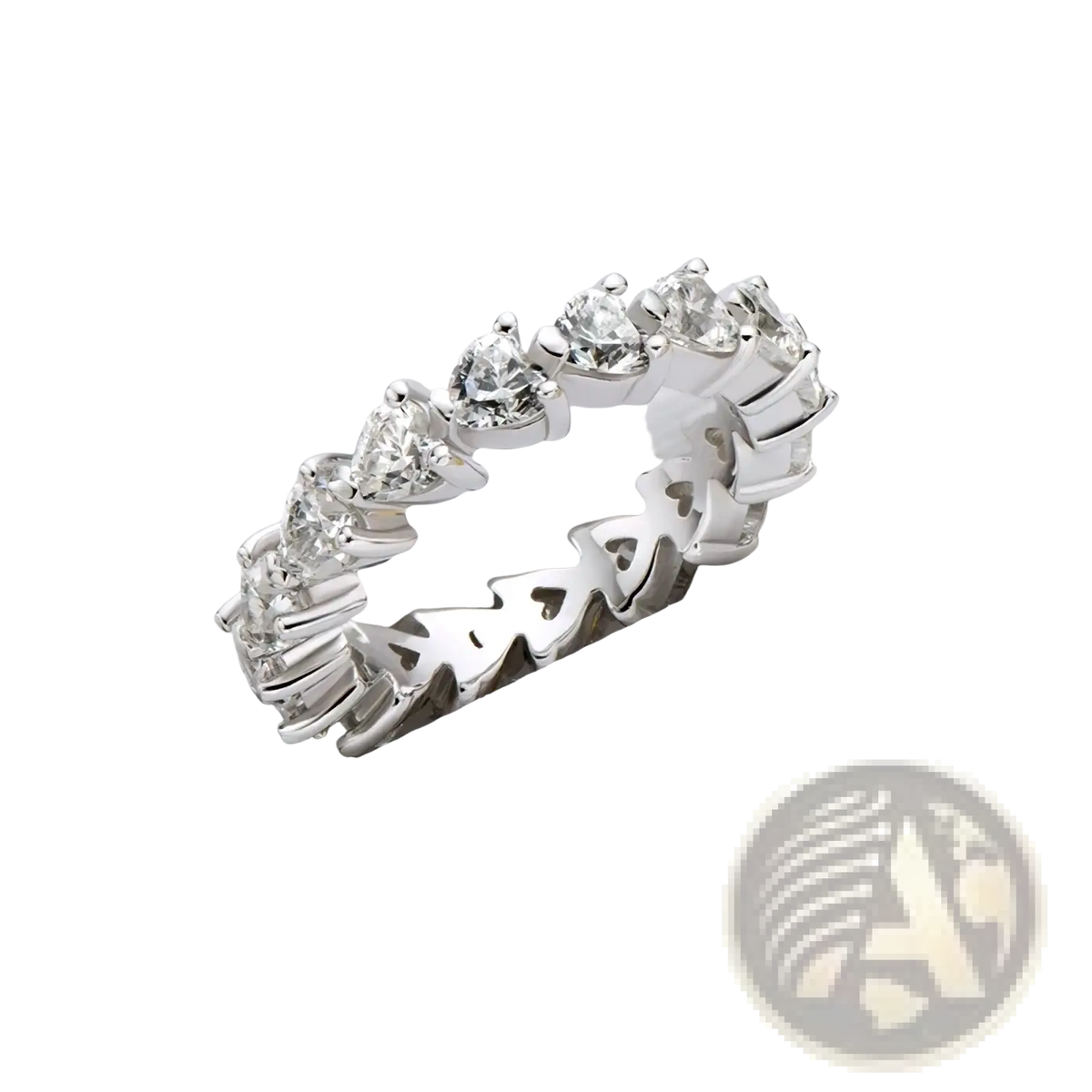 Sterling silver heart eternity ring featuring a sleek silver band adorned with sparkling heart-shaped diamonds