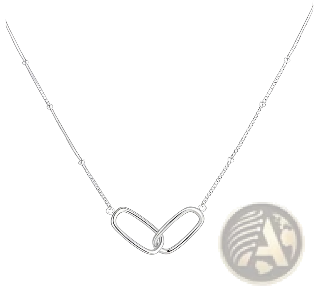 Sterling silver heart green gemstone pendant necklace with a minimalist silver chain and interlocking oval pendant design