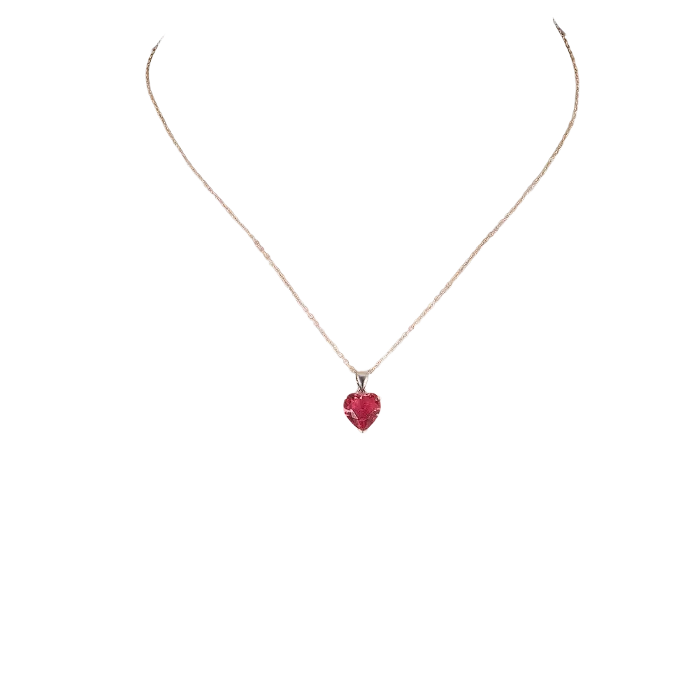 A delicate sterling silver chain necklace with a vibrant red heart-shaped zircon pendant from a jewelry set