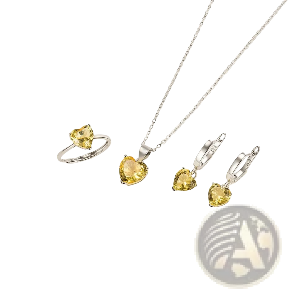 Sterling silver heart jewelry set with yellow zircon heart-shaped ring necklace pendant and hoop earrings
