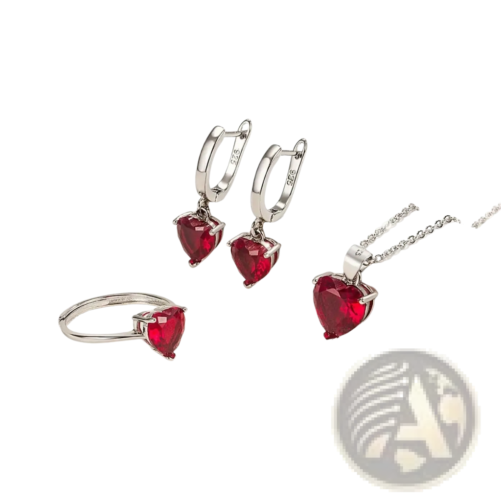 Sterling silver heart jewelry set with vibrant red zircon huggies including earrings pendant necklace and ring