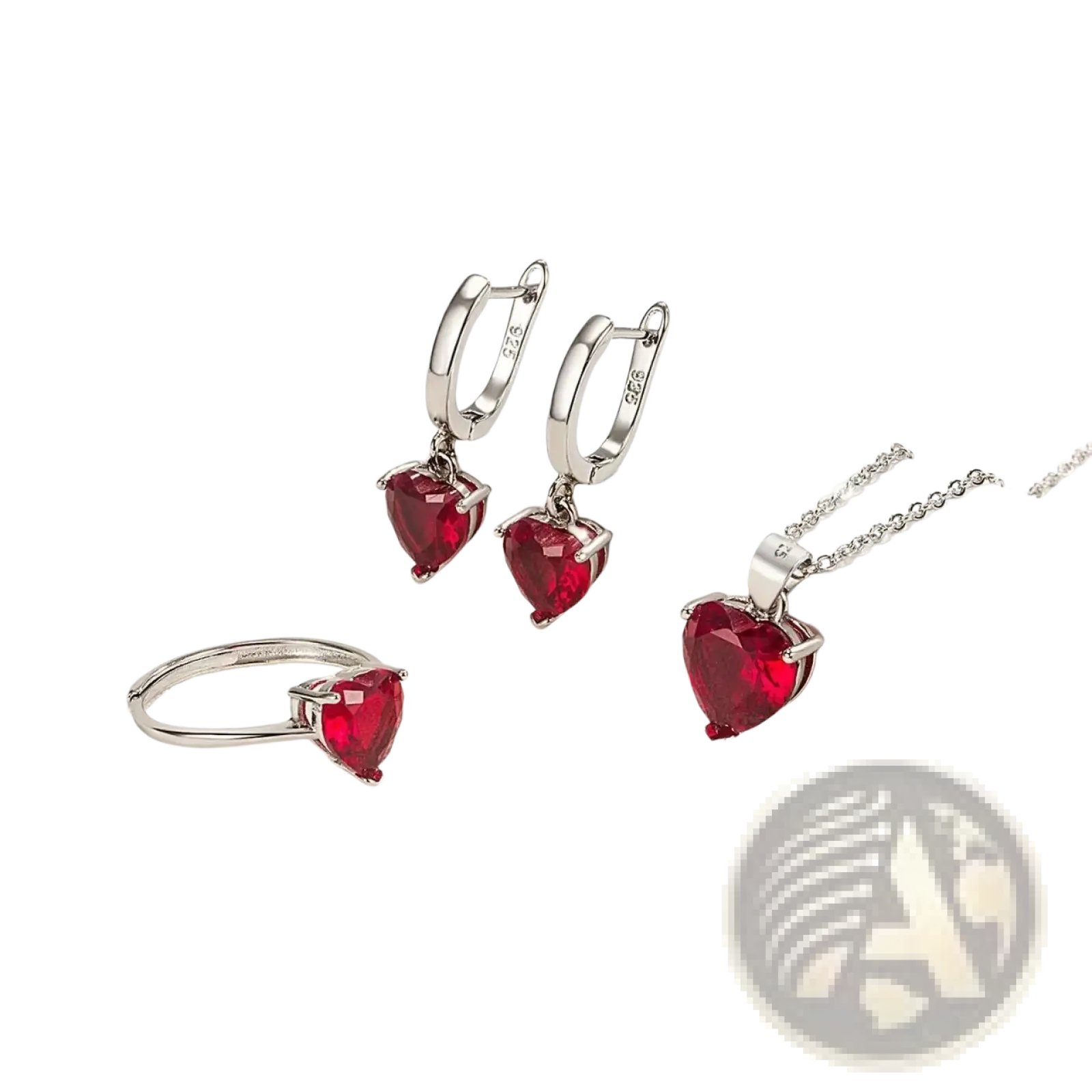 Sterling silver heart jewelry set with vibrant red zircon huggies including earrings pendant necklace and ring