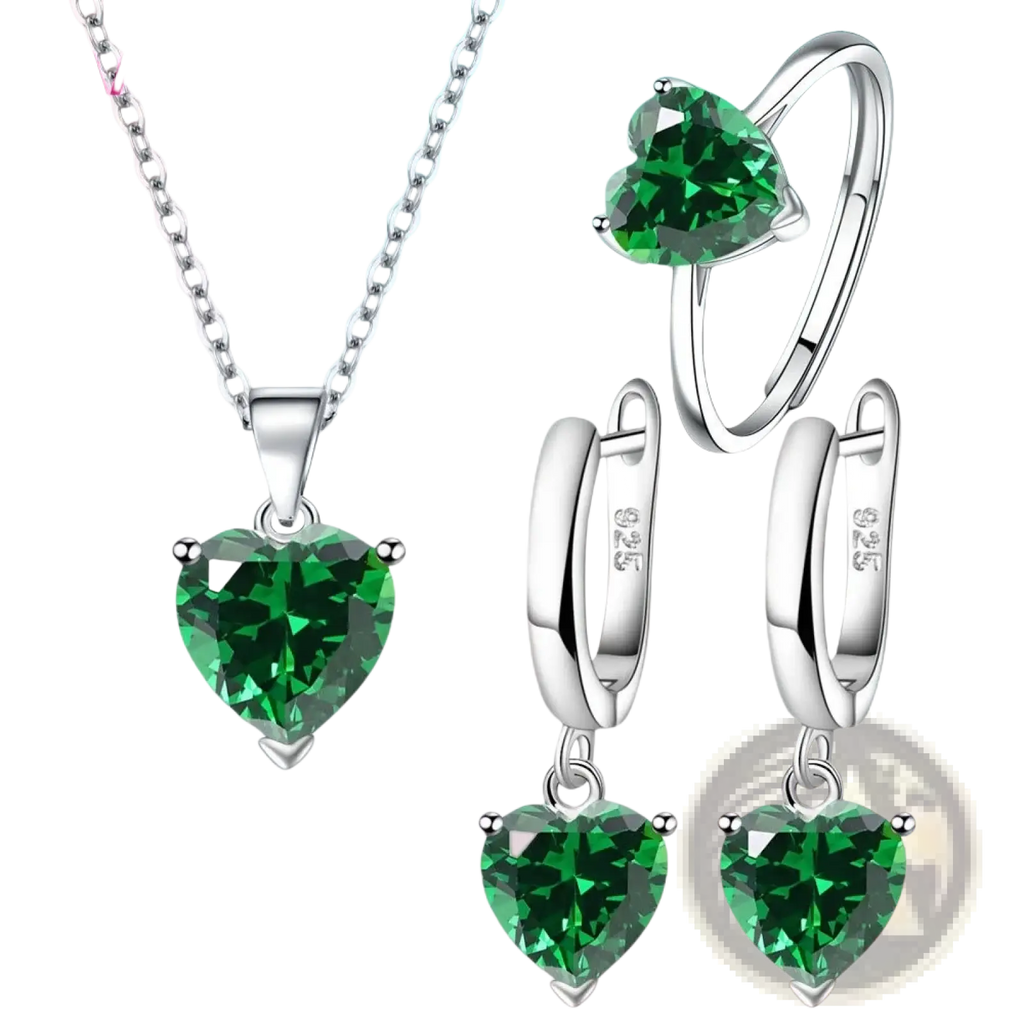 Sterling silver heart jewelry set with green zircon huggies featuring heart-shaped green gemstones