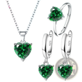 Sterling silver heart jewelry set with green zircon huggies featuring heart-shaped green gemstones