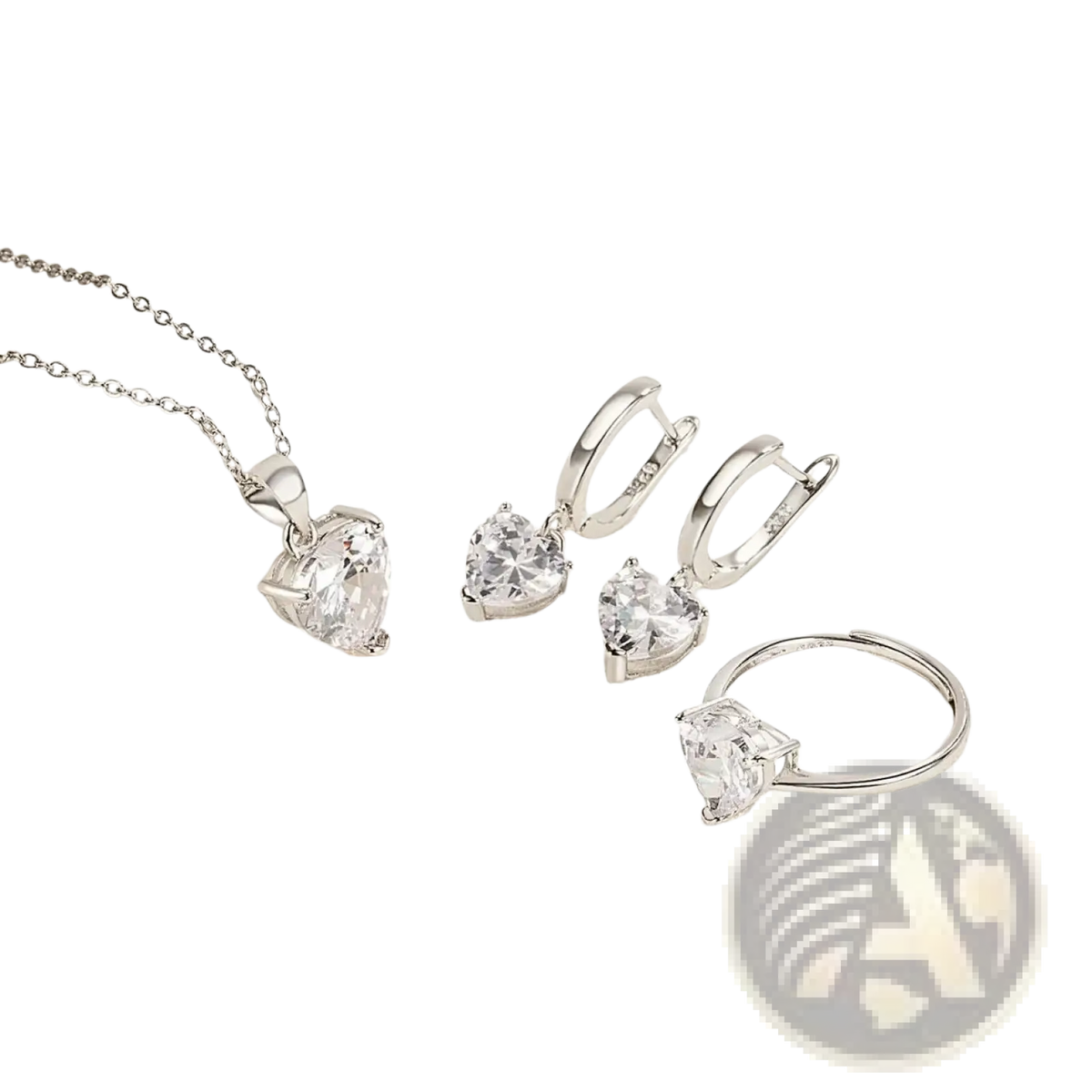 Sterling silver heart jewelry set with clear faceted zircon gemstones and delicate chain featuring huggie earrings