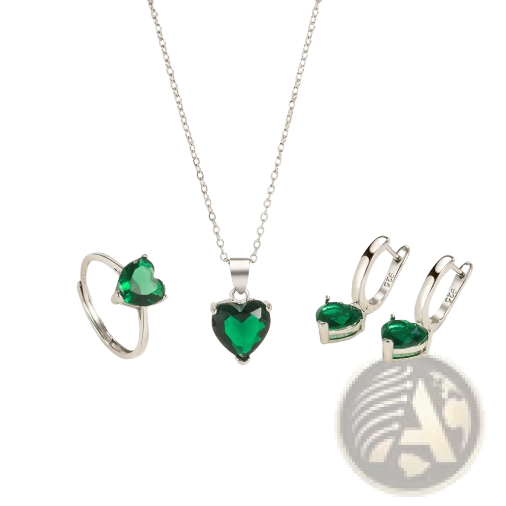 Sterling silver heart-shaped pendant necklace with a vibrant green gemstone centerpiece from zircon huggies set