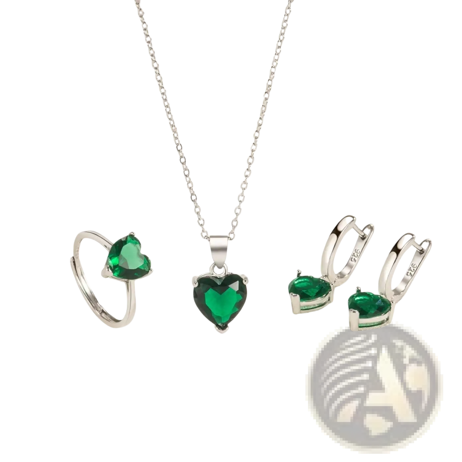 Sterling silver heart-shaped pendant necklace with a vibrant green gemstone centerpiece from zircon huggies set