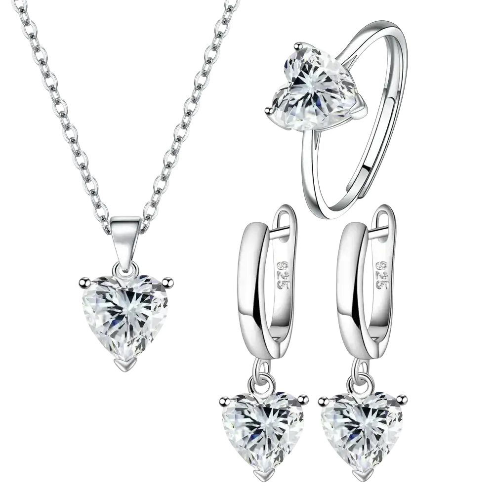 Sterling silver heart jewelry set with necklace ring and hoop earrings adorned with clear zircon stones