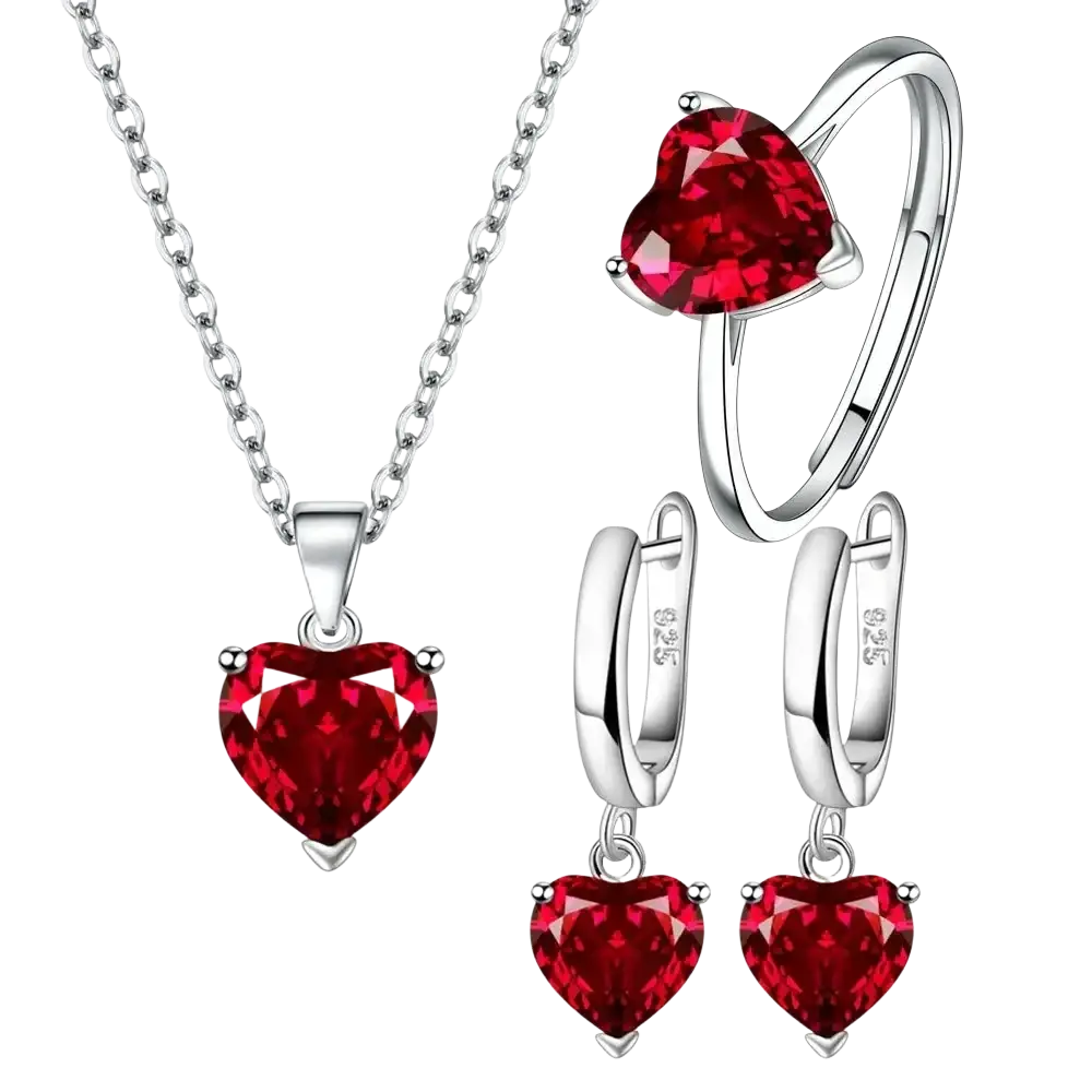 Sterling silver heart jewelry set with vibrant red zircon gemstones in chain necklace ring and hoop earrings
