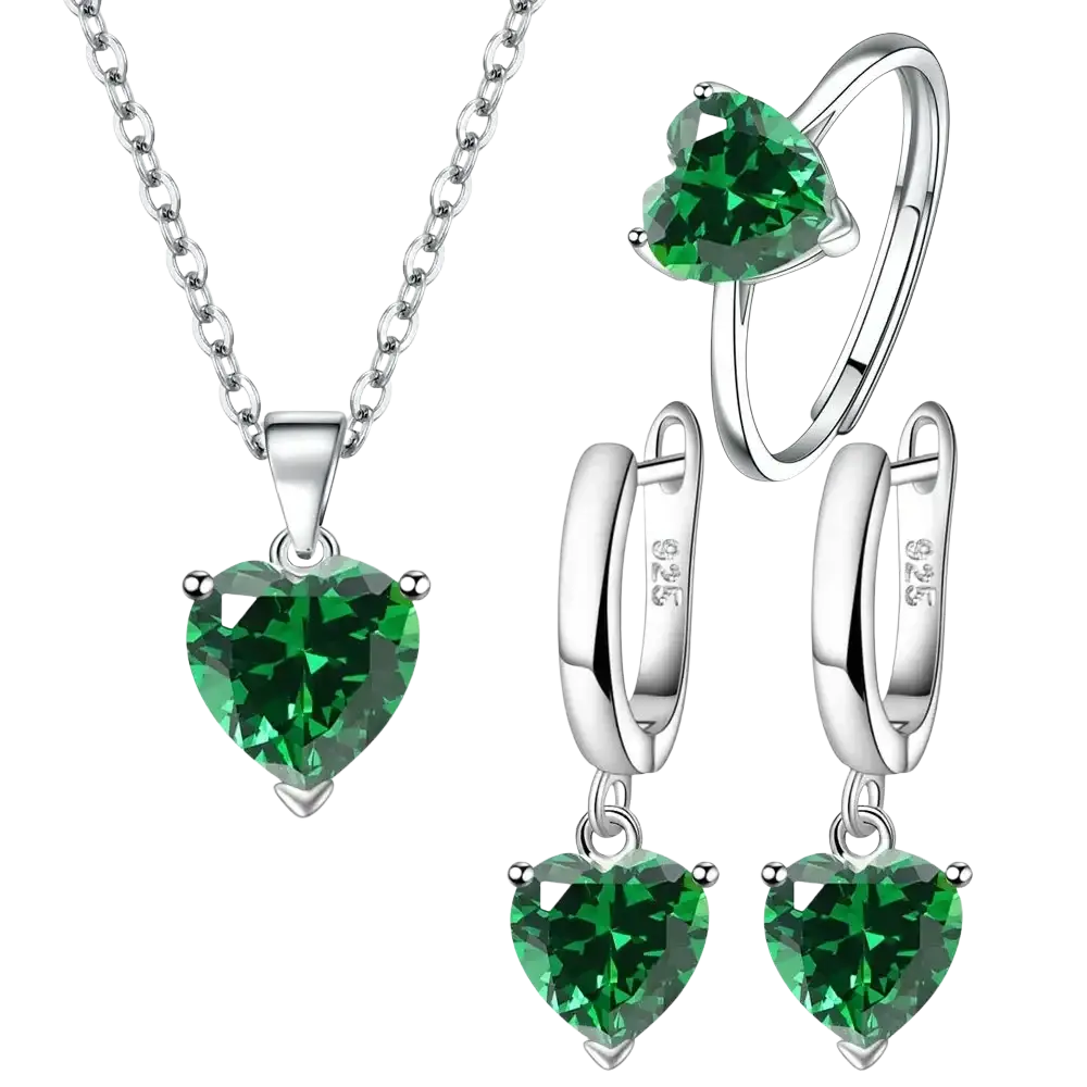 Sterling silver heart jewelry set zircon featuring vibrant green gemstone crystals in an elegant design
