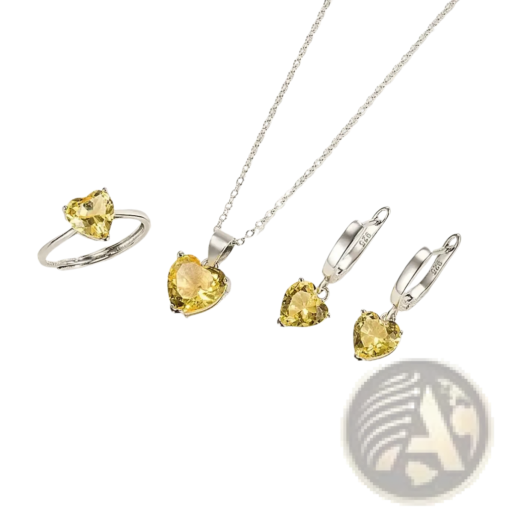 A sterling silver heart jewelry set with yellow zircon gemstones includes a ring pendant necklace and hoop earrings