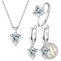 Sterling silver heart jewelry set with necklace ring and hoop earrings adorned with clear zircon stones