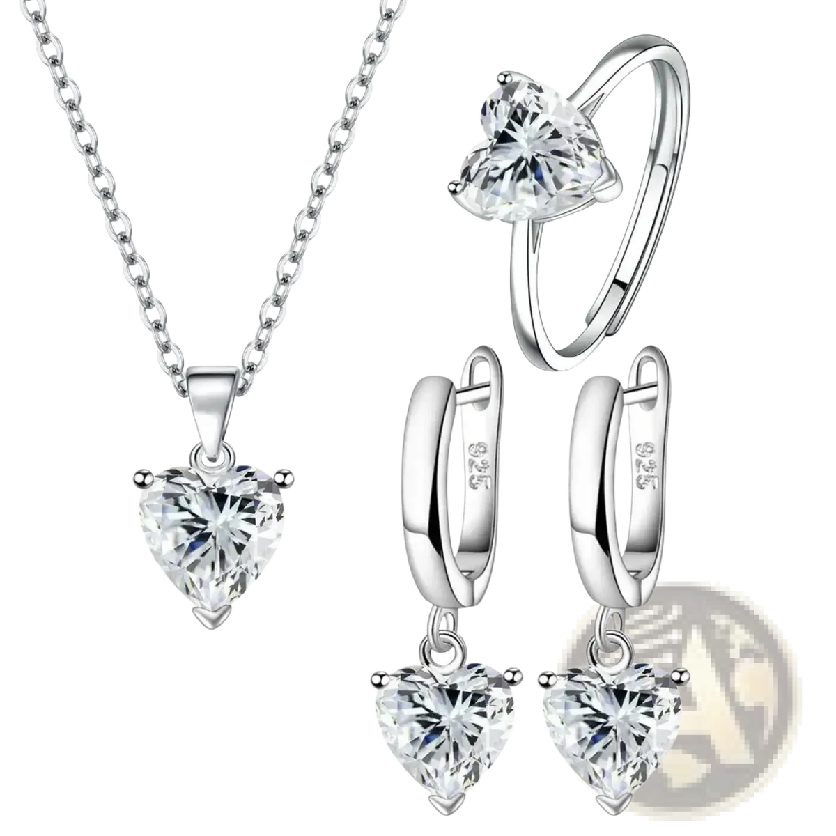 Sterling silver heart jewelry set with necklace ring and hoop earrings adorned with clear zircon stones