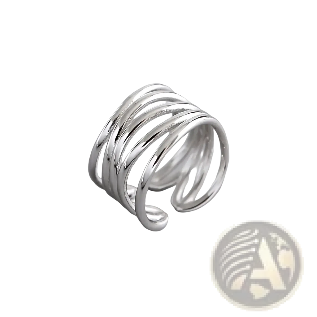 Sterling silver interwoven adjustable ring in sleek silver tone with multiple thin polished bands