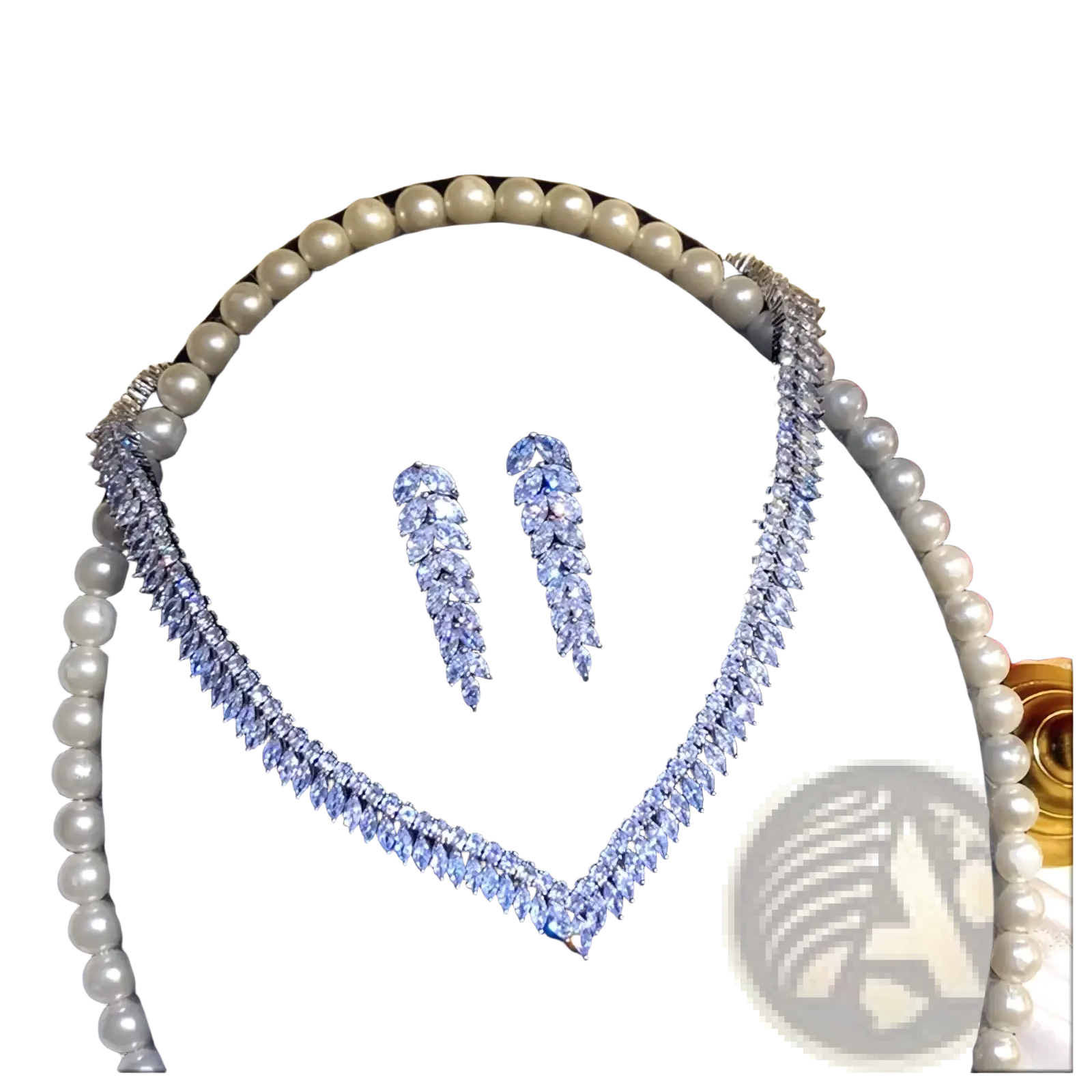 Elegant sterling silver leaf bridal jewelry set with v-shaped pearl edges and crystal leaf pattern accents