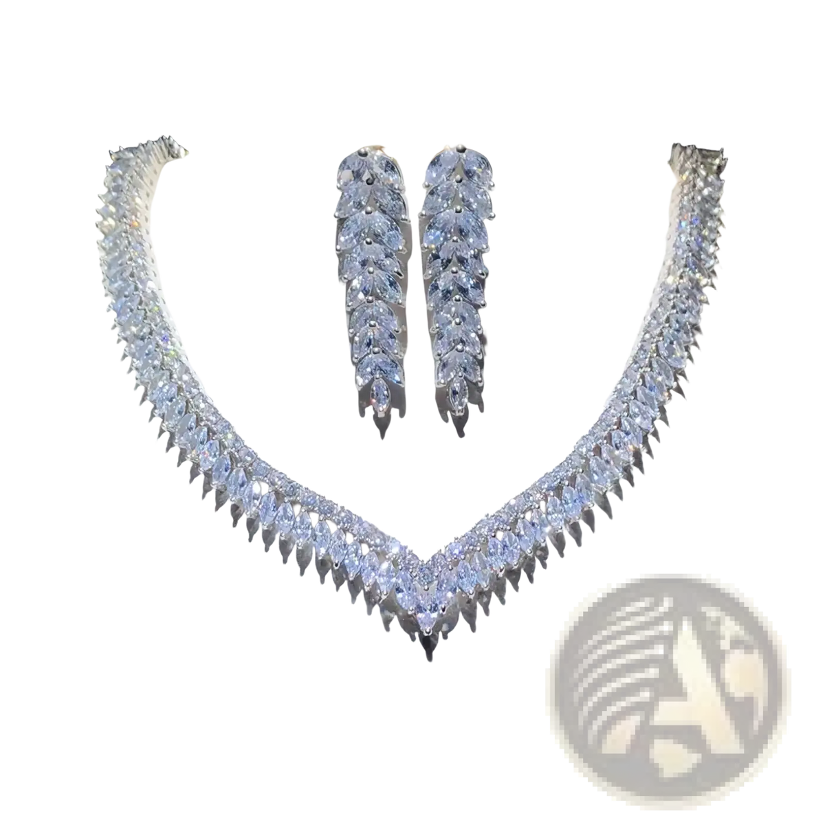 Sterling silver leaf bridal jewelry set with dazzling silver-toned diamond necklace and matching earrings in elegant cascading design
