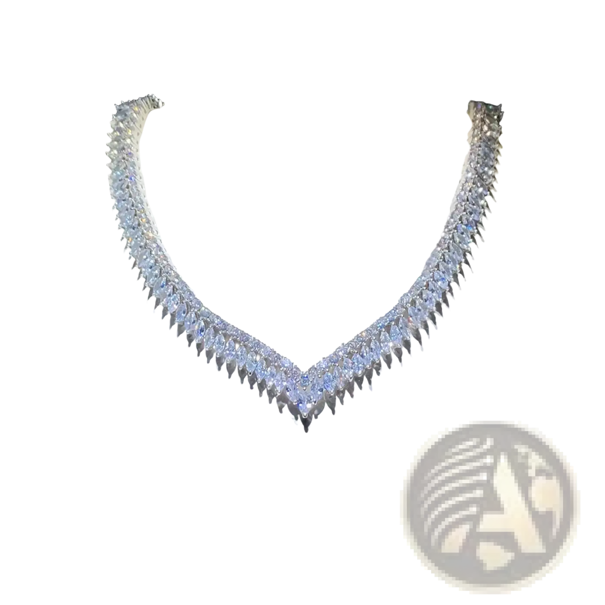 Sterling silver leaf bridal jewelry set featuring a dazzling silver-toned diamond necklace with v-shaped faceted stones
