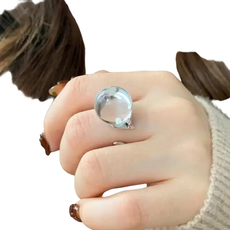 Sterling silver minimalist ball ring for women featuring a clear round glass dome with a silver-toned band