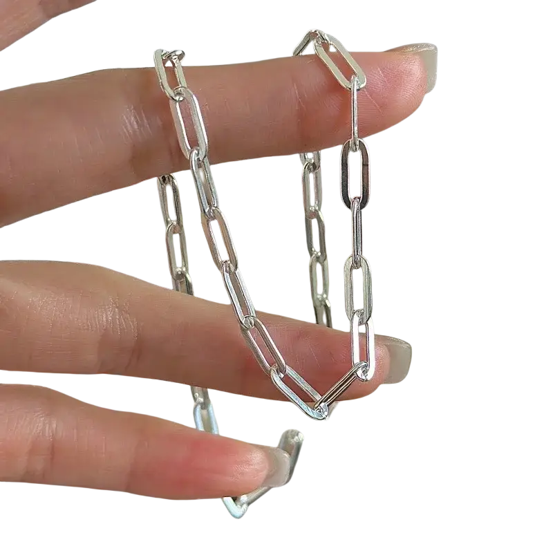 Sterling silver minimalist paperclip chain necklace in sleek silver tone with polished metallic finish