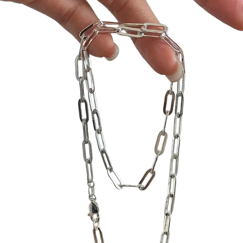 Sterling silver minimalist paperclip chain necklace with a sleek silver tone and polished interlocking links
