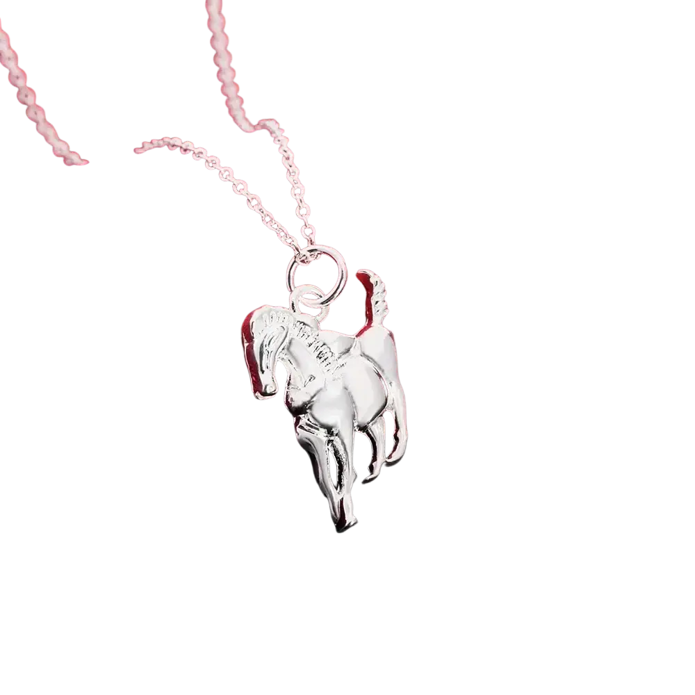 Sterling silver necklace with a detailed silver horse pendant on a delicate chain perfect for women luxury wedding wear