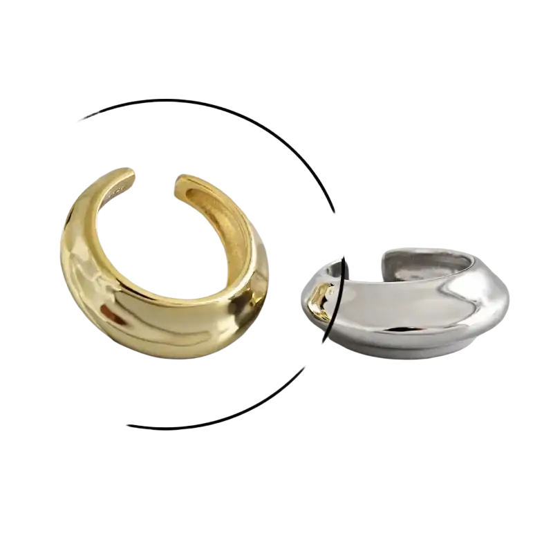 Gold-colored sleek modern c-shaped ear cuff with smooth polished metallic finish for women sterling silver open ring set
