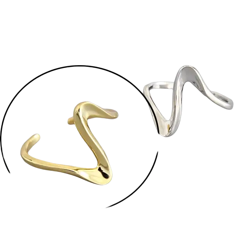 Sterling silver open ring for women with a gold-colored sleek curved metal wave design