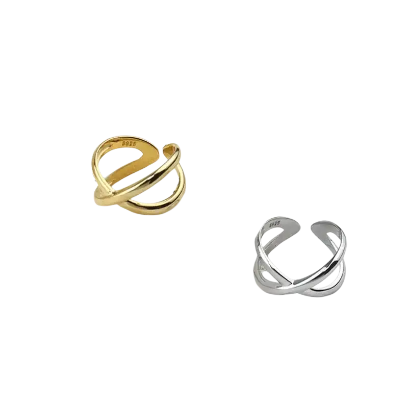 Sterling silver open ring for women with a gold-colored sleekly intertwined modern minimalist design