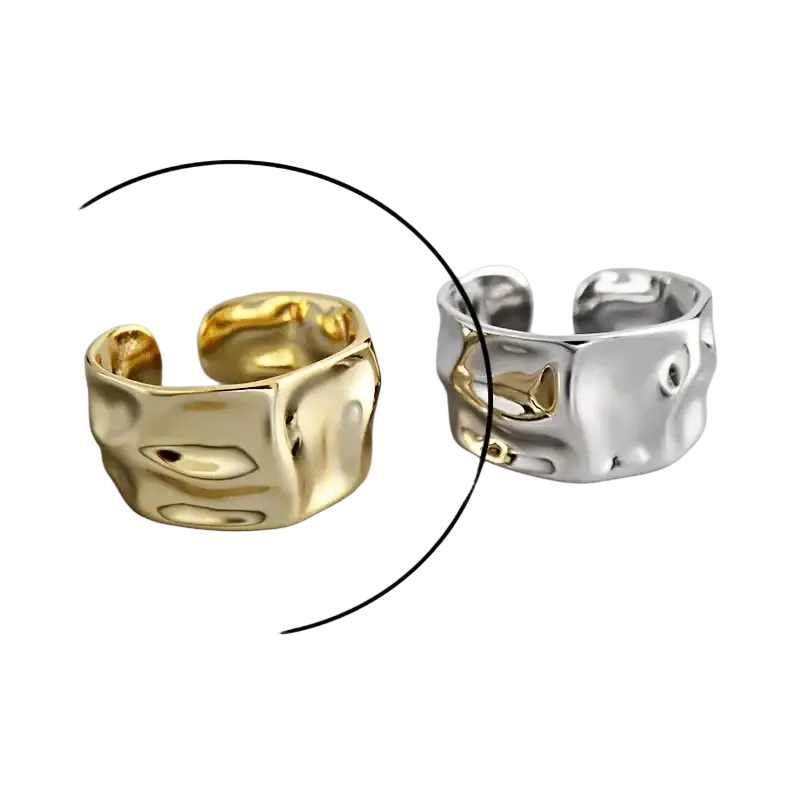 Sterling silver open ring for women with a gold-colored textured hammered finish