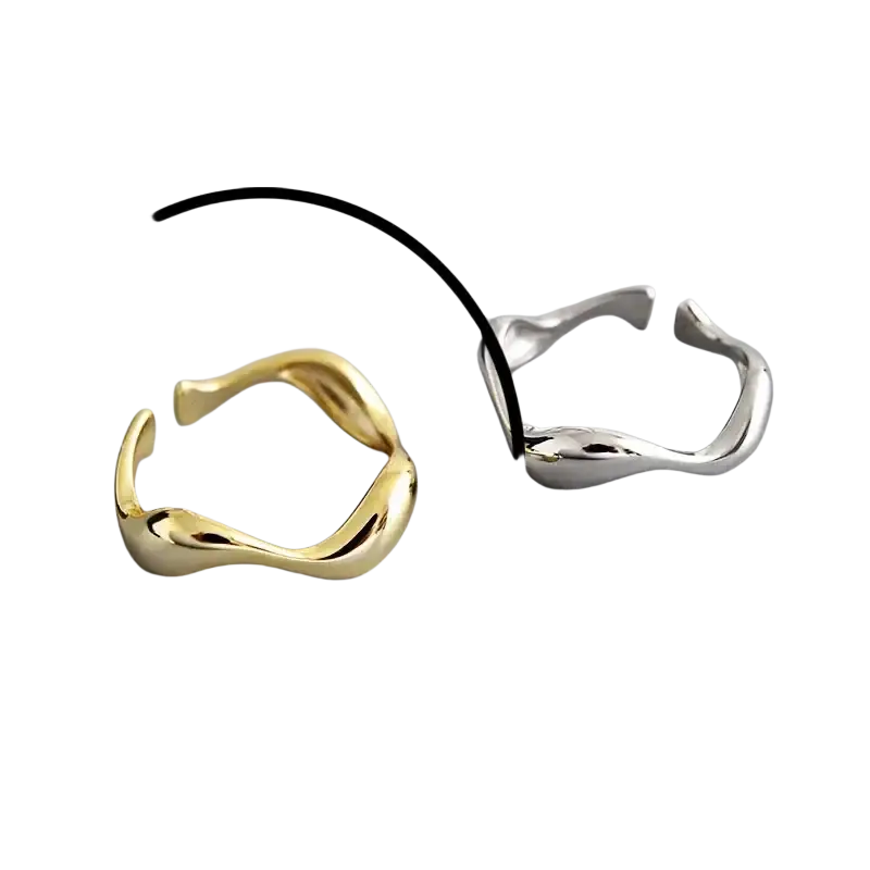 Sterling silver open ring for women with gold color wavy design and smooth metallic finish, adjustable fit