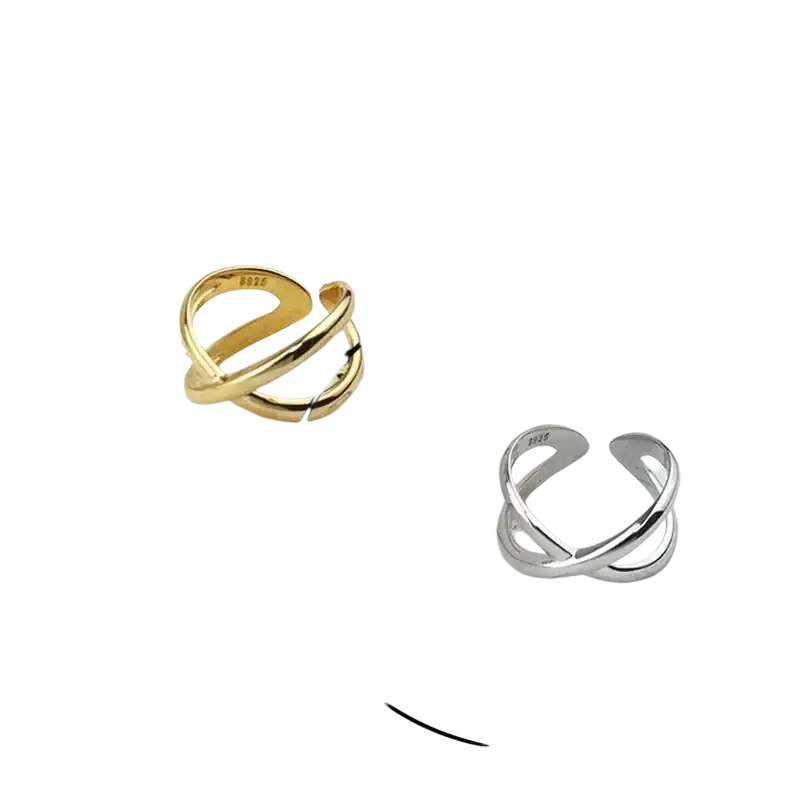 Sterling silver open ring for women featuring a sleek modern design with two interlocking silver bands