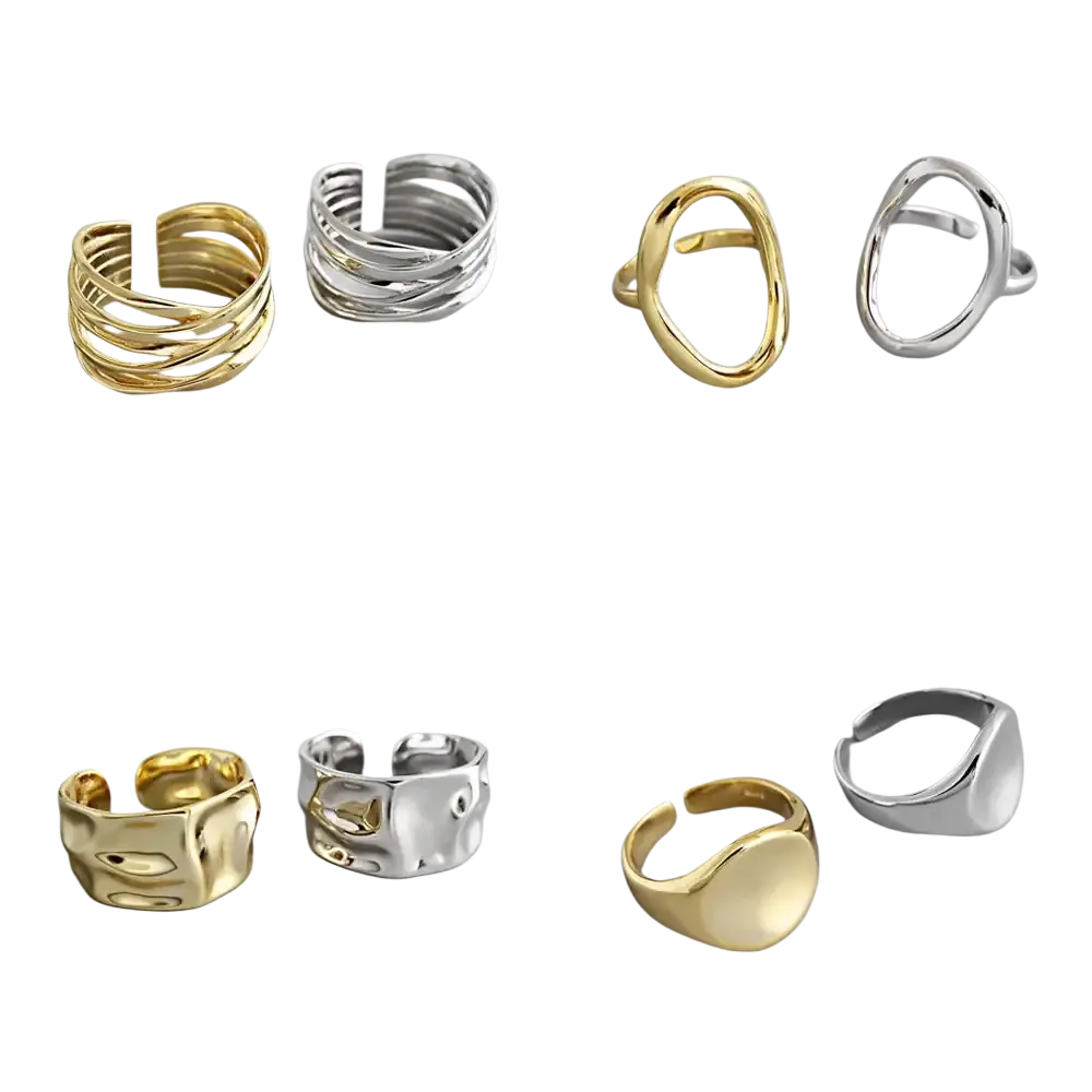 Sterling silver open rings for women in gold and silver with textured, layered, and smooth designs