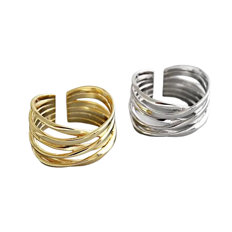 Sterling silver open ring for women in gold and silver with layered twisted band designs