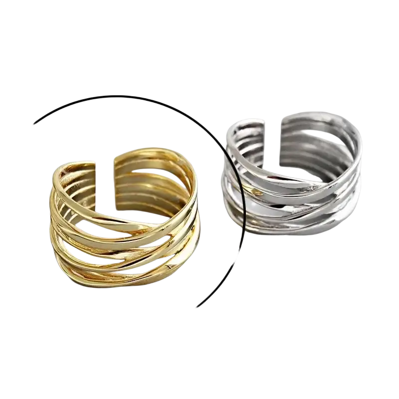 Sterling silver open ring for women featuring gold and silver open-ended bands with layered twisted designs