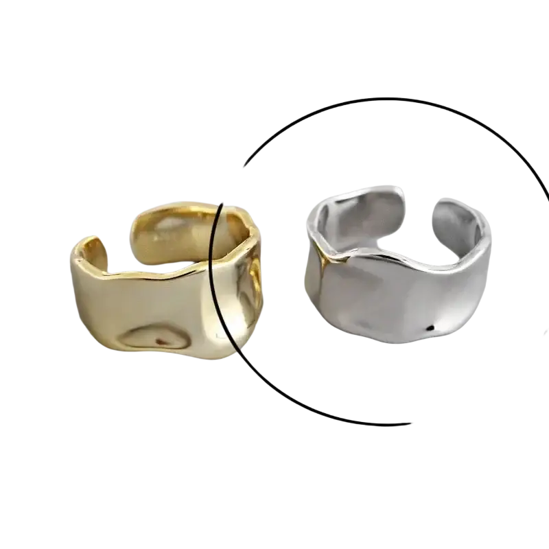 Sterling silver open ring for women with gold and silver textured wavy design in an open-ended style
