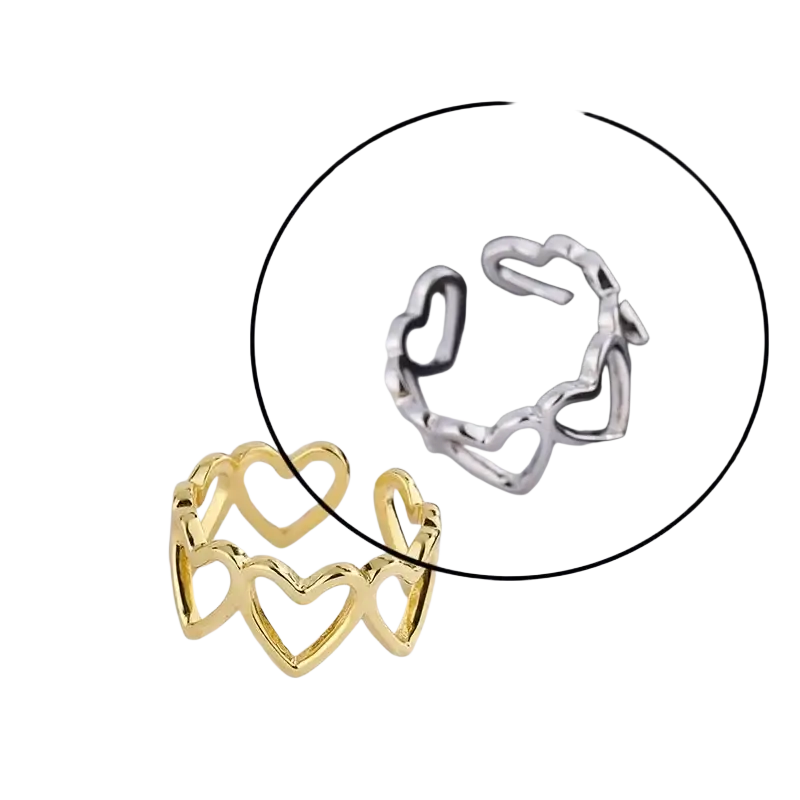 Sterling silver open ring for women featuring gold and silver heart-shaped bands with a sleek modern design