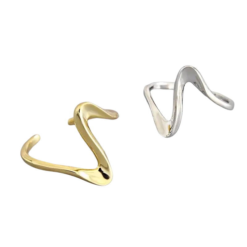 A pair of sterling silver open rings for women with wave-shaped ear cuffs in gold and silver tones