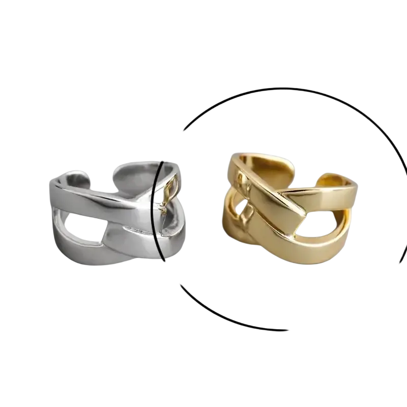 A sleek modern sterling silver open ring for women with a twisted band design in gold finish