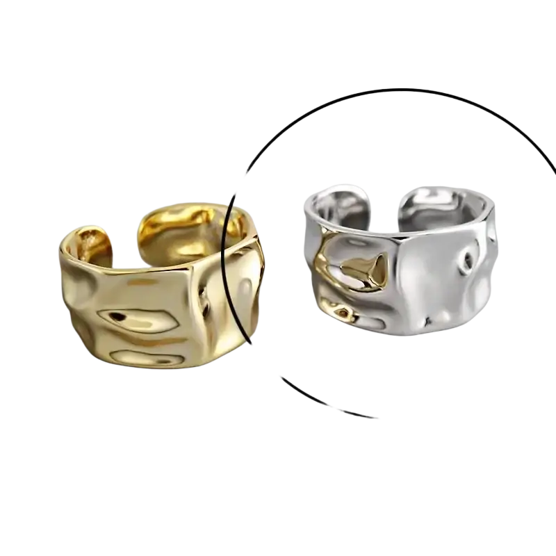 Sterling silver open ring for women with gold and silver textured hammered irregular surface finish