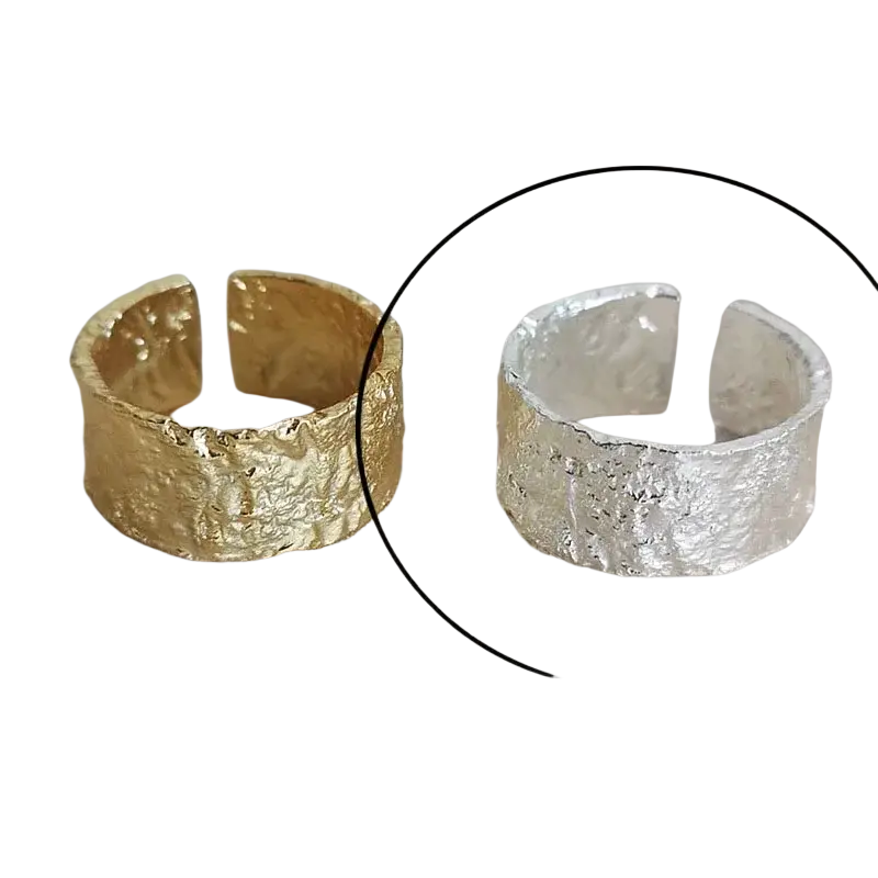 Sterling silver open ring for women with a silver textured hammered rustic finish