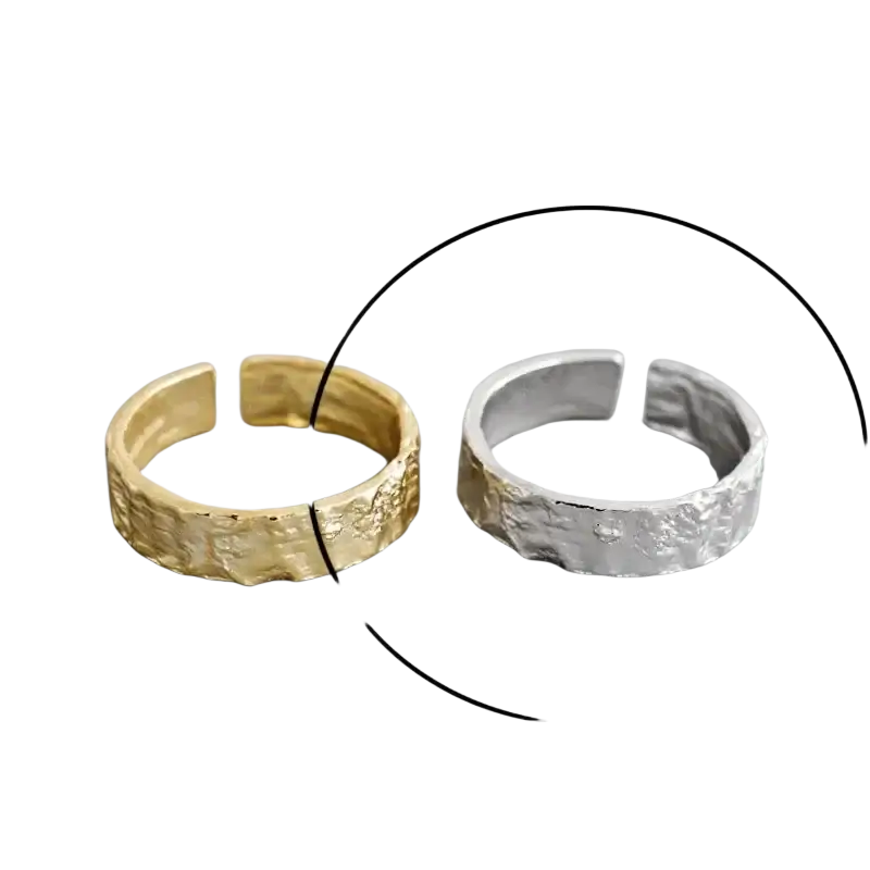 Sterling silver open ring for women with a hammered rustic finish in silver textured metal