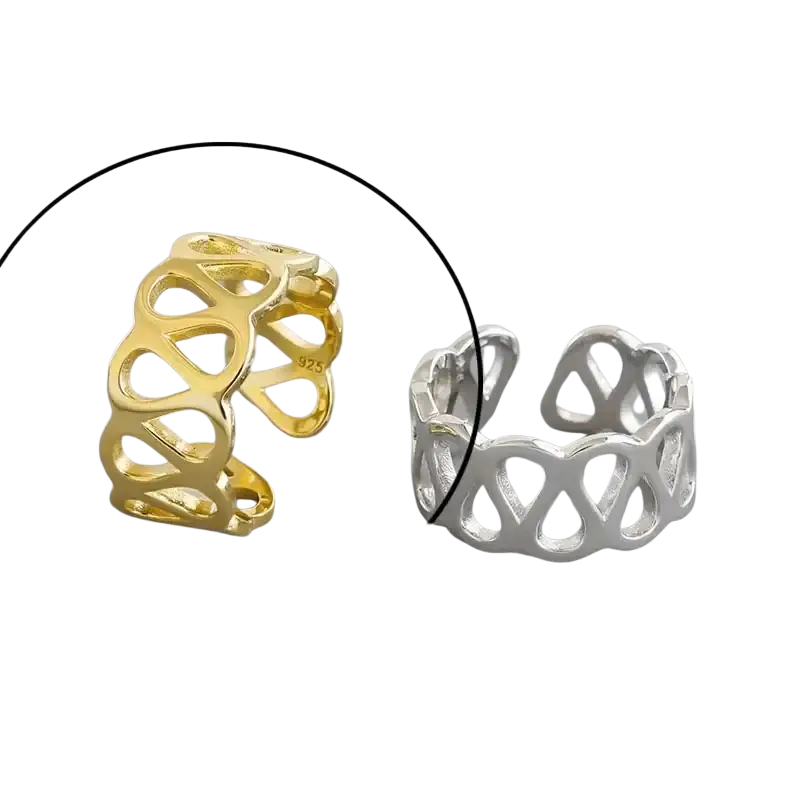 Sterling silver open toe rings for women in gold and silver with a delicate interlocking heart pattern