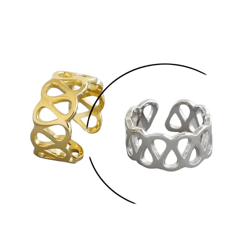 Sterling silver open toe rings for women in silver and gold with delicate interlocking heart-shaped cutout design