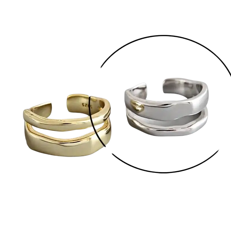 Sterling silver open ring for women featuring silver and gold open-toe bands with a layered wavy design