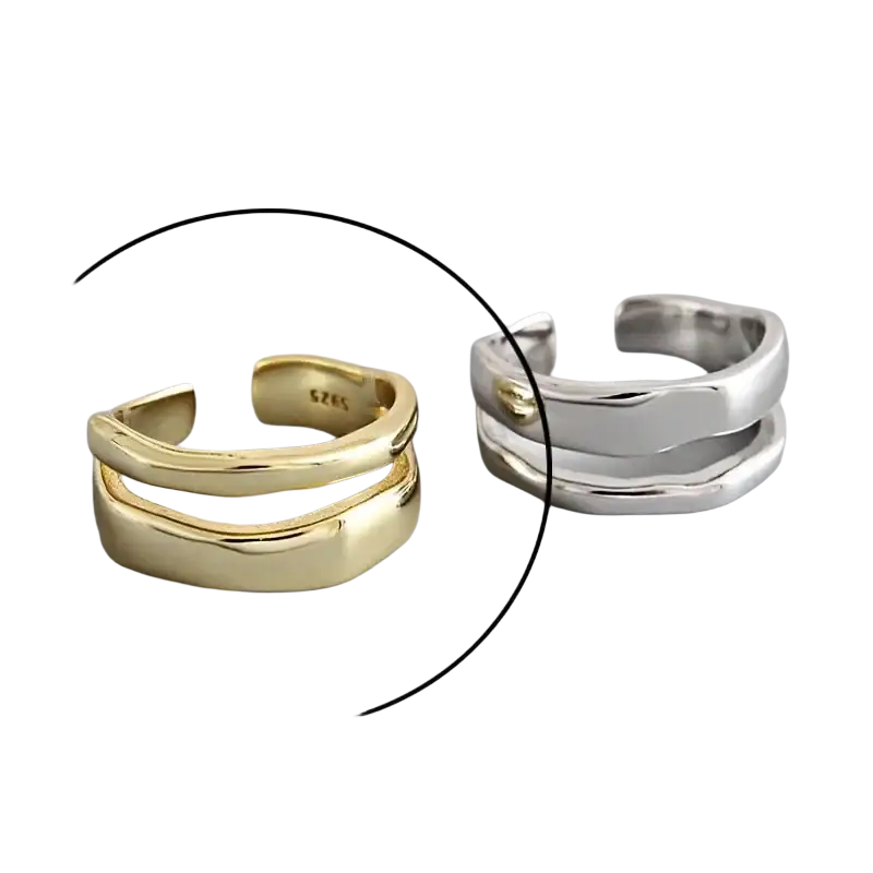 Sterling silver open ring for women featuring gold and silver layered wavy open-toe bands design