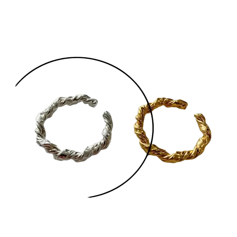 Sterling silver open ring for women with twisted rope-style adjustable design in silver and gold colors