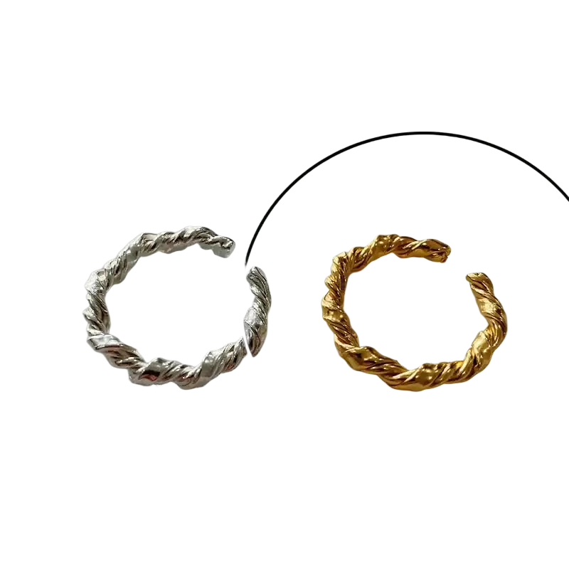 Sterling silver open ring for women featuring a twisted rope style in silver and gold tones with a braided design